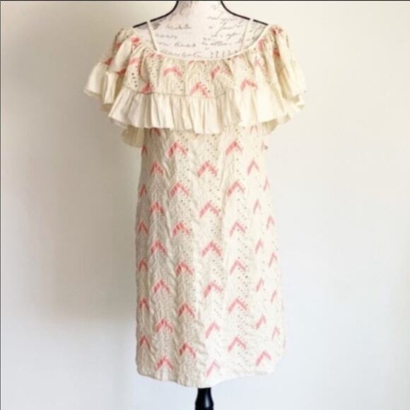 NEW PEPIN Zadie Ruffle Off Shoulder Tank TOP Cream Pink Chevron Eyelet Dress 2 - Picture 6 of 7